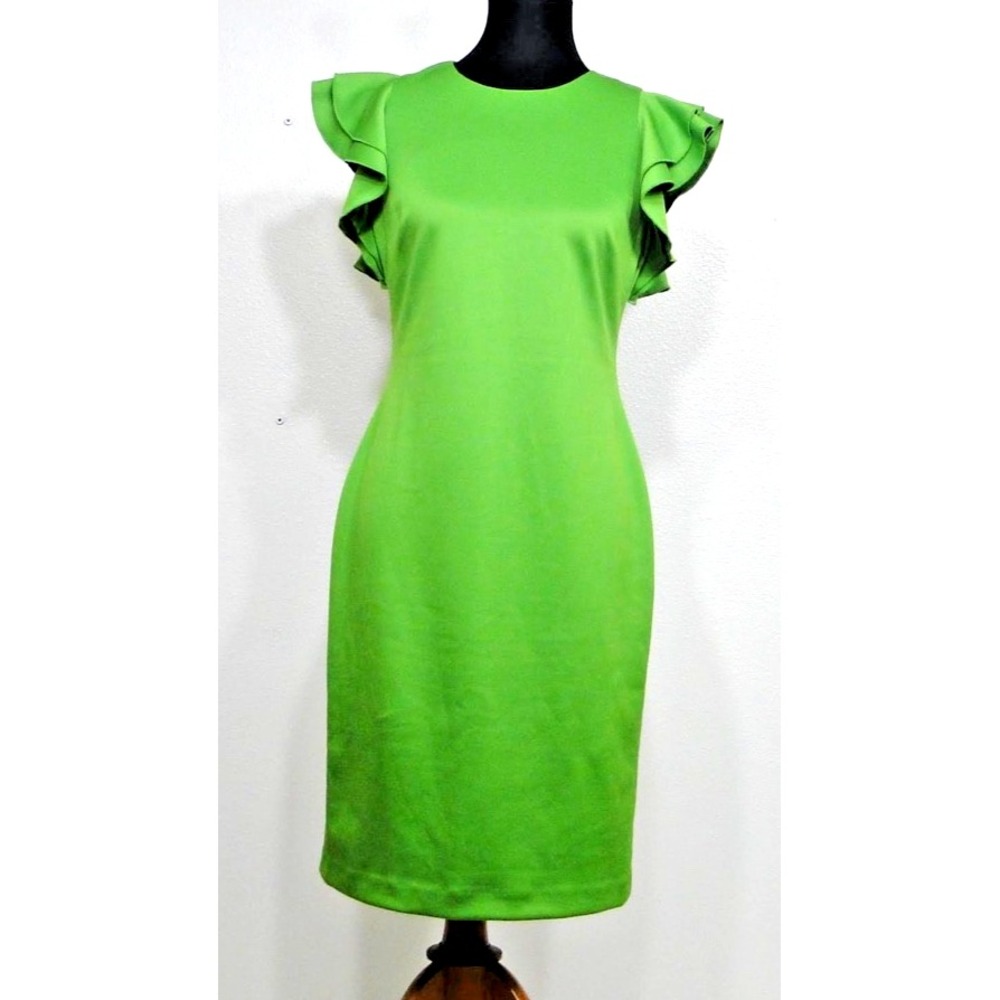 Tommy Hilfiger Womens Green Ruffle Round Neck Back Zip‎ Sheath Dress Size 6